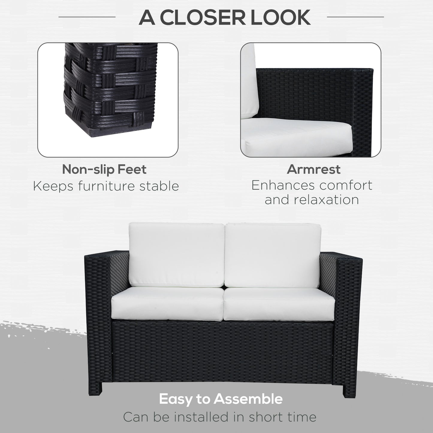 Outsunny Rattan 2 Seater Sofa For Garden With Cushions And Armrests Black Wicker Loveseat For Patio