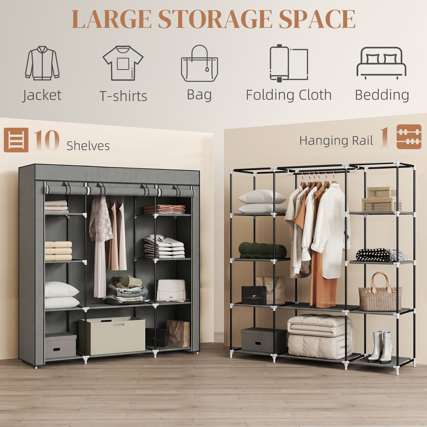 HOMCOM Fabric Wardrobe With Hanging Rail And Ten Shelves Portable Foldable Clothes Storage Dark Grey