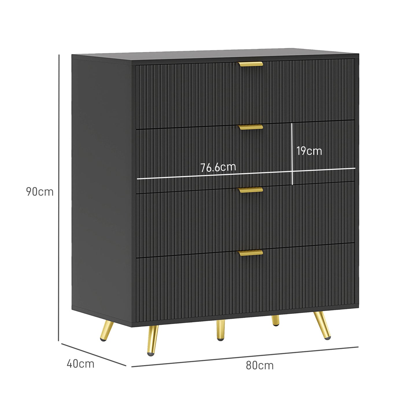HOMCOM Elegant Four Drawer Bedside Table Black With Ridged Fronts And Gold Handles Nightstand
