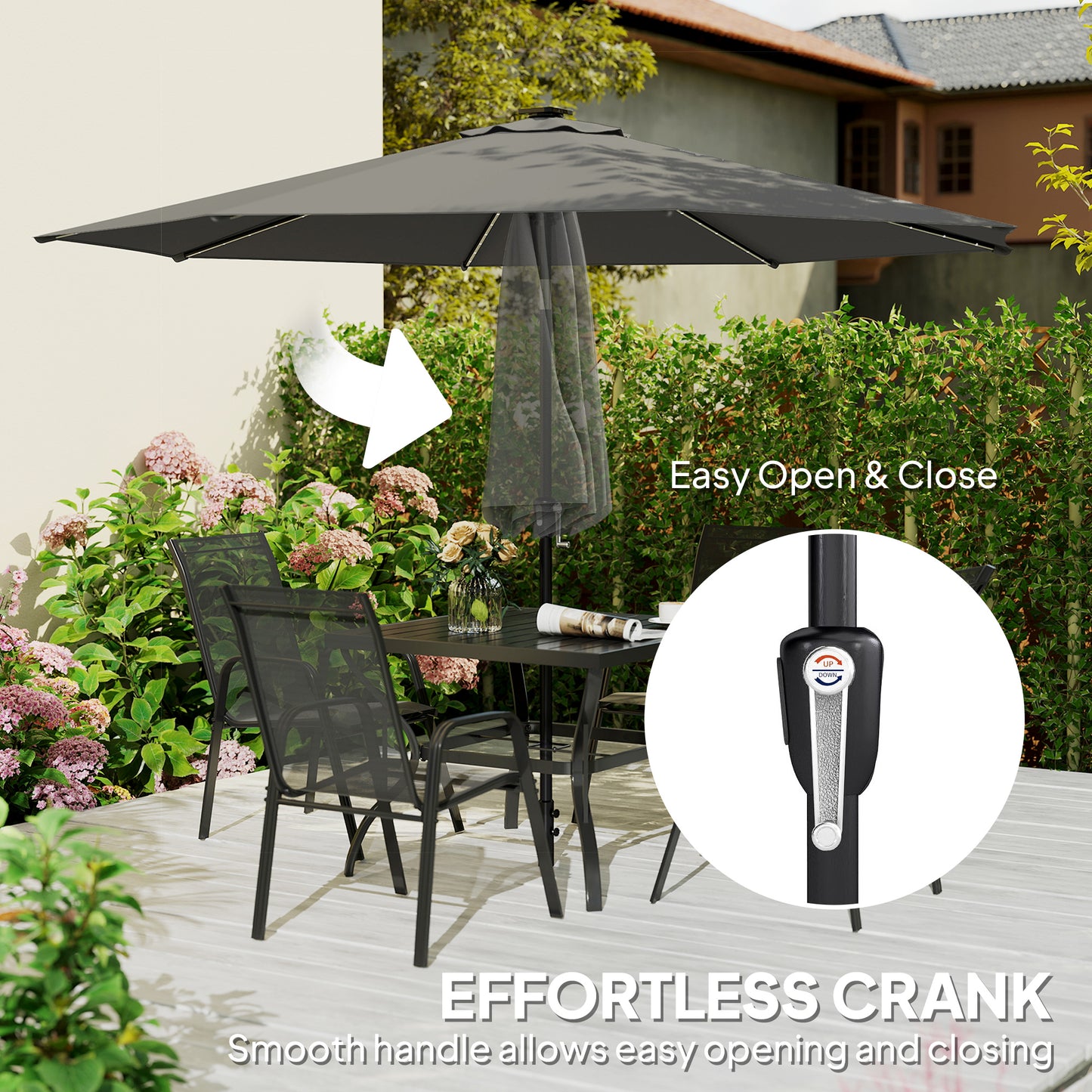 Outsunny 3 m Garden Parasol Umbrella With 112 LED Solar Lights Patio Umbrella With Crank Handle Grey