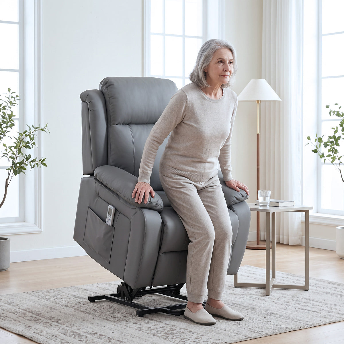 Grey power lift recliner chair with padded arms and lift mechanism, PU leather look