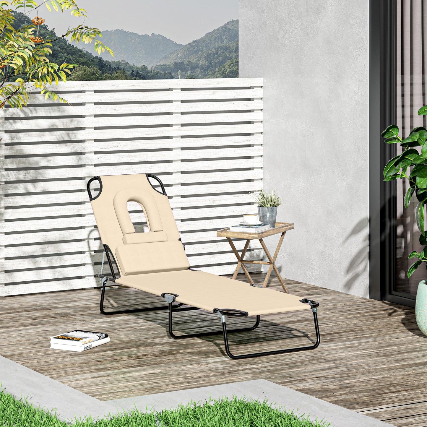 Outsunny Foldable Reclining Sun Lounger - Beige - ALL4U RETAILER LTD