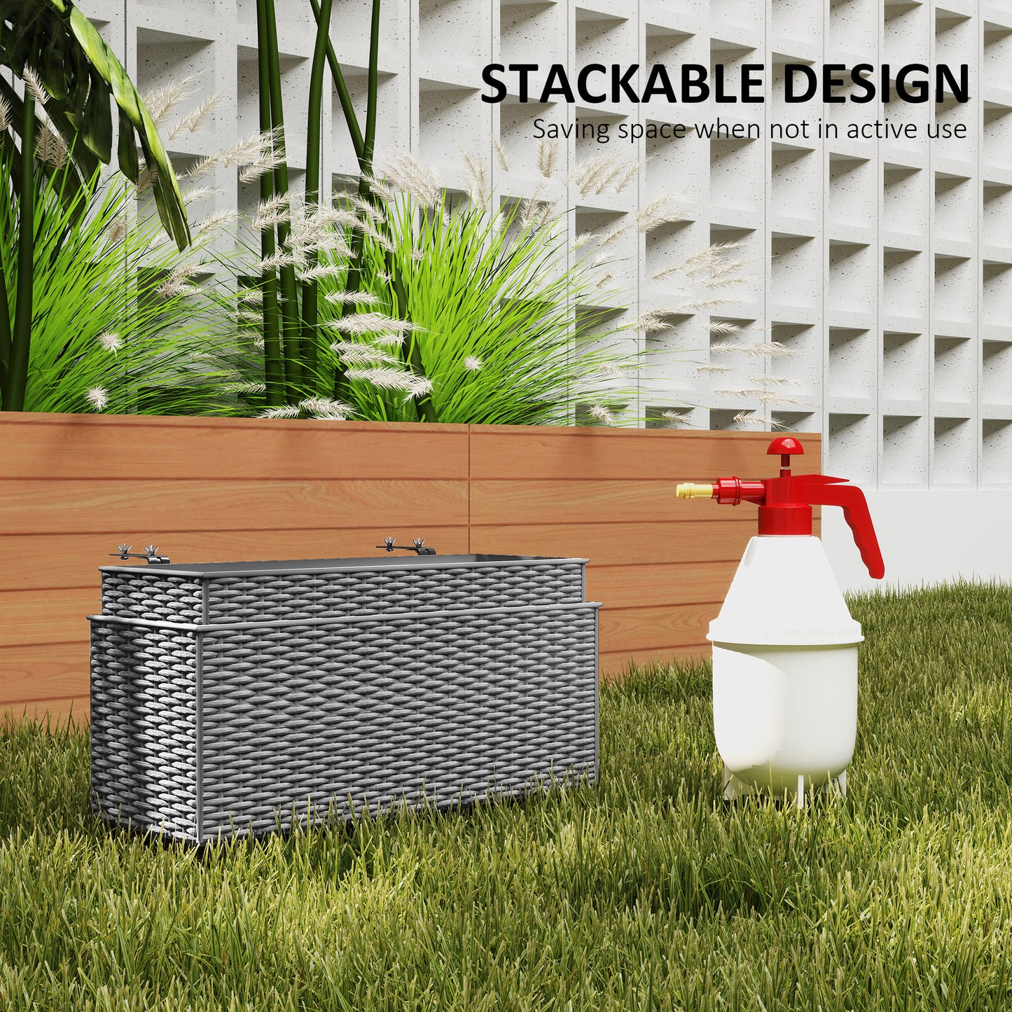 Outsunny Set Of Two Rattan Effect Planters With Hooks For Balconies Railings Grey