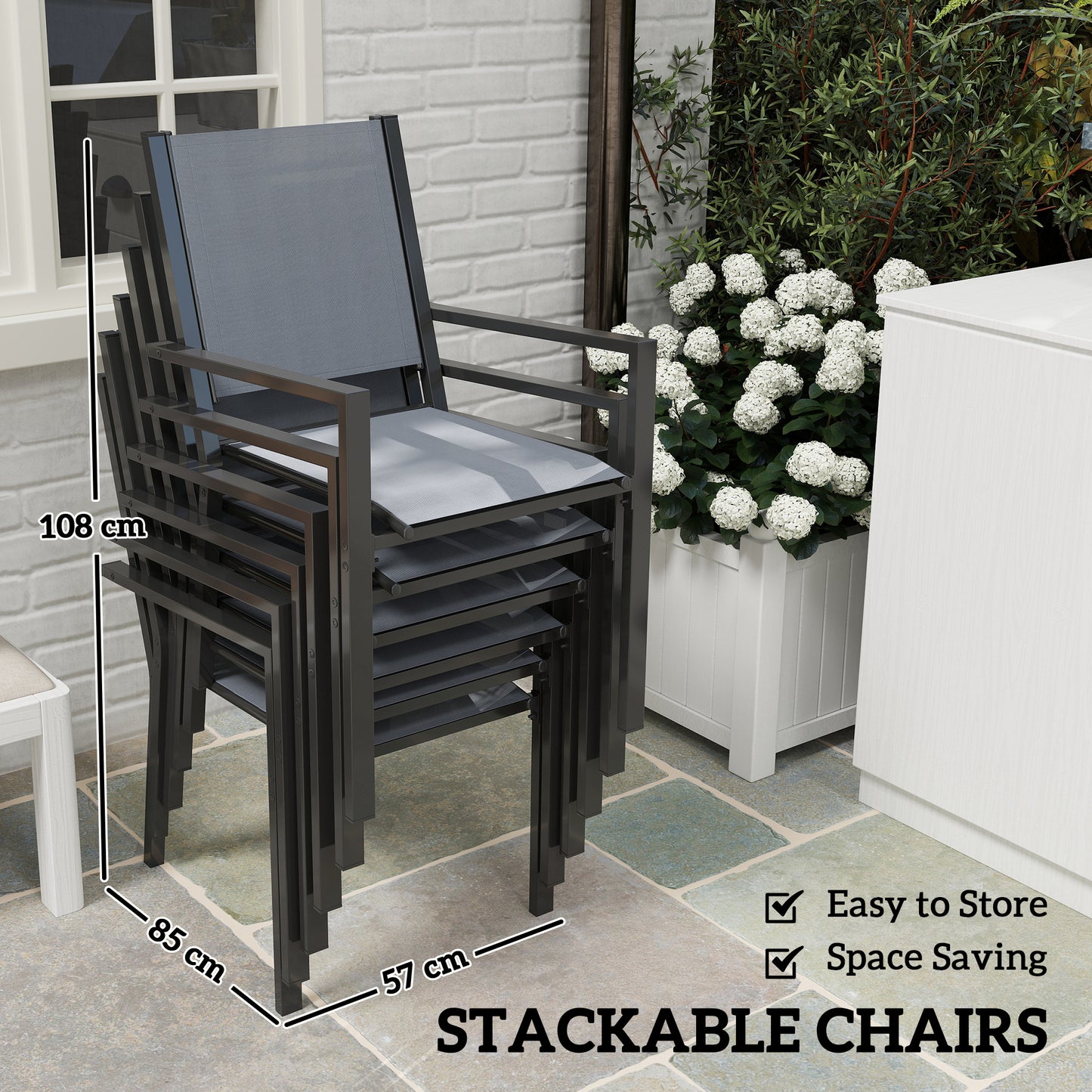 Outsunny 7 Piece Garden Dining Set With 6 Stackable Chairs And 150 Cm WPC Slatted Table Rust Resistant Steel Frame
