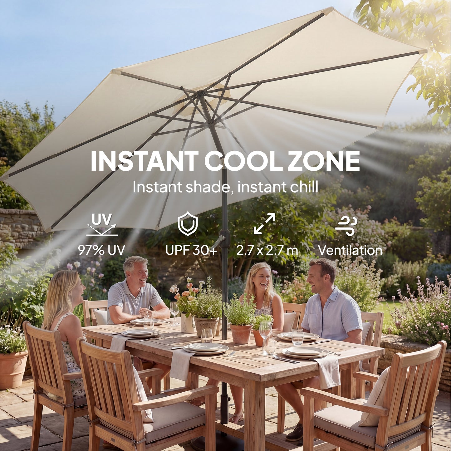 Outsunny 2.7m Garden Parasol Umbrella With Cross Base And Sandbag Retractable Ribs Market Table Umbrella Cream White
