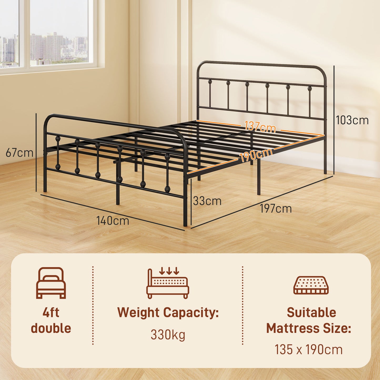 HOMCOM Modern Black 4ft Double Bed Frame with Tall Headboard and Underbed Storage – Easy Assembly, No Box Spring Required - ALL4U RETAILER LTD