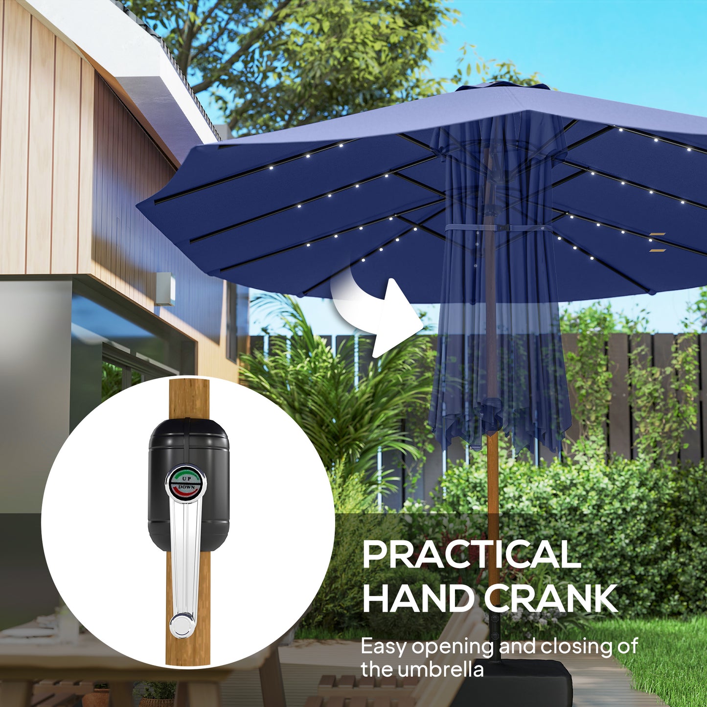 Outsunny Double Sided Garden Parasol With Base Included 48 Solar LED Lights Patio Umbrella Crank Handle 4.6m Dark Blue