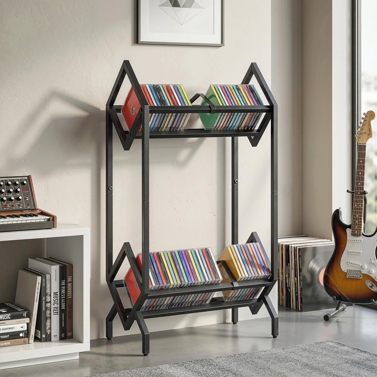 HOMCOM 50 CD Storage Rack 2 Tier Metal CD Organizer Free Standing Easy to Assemble Black