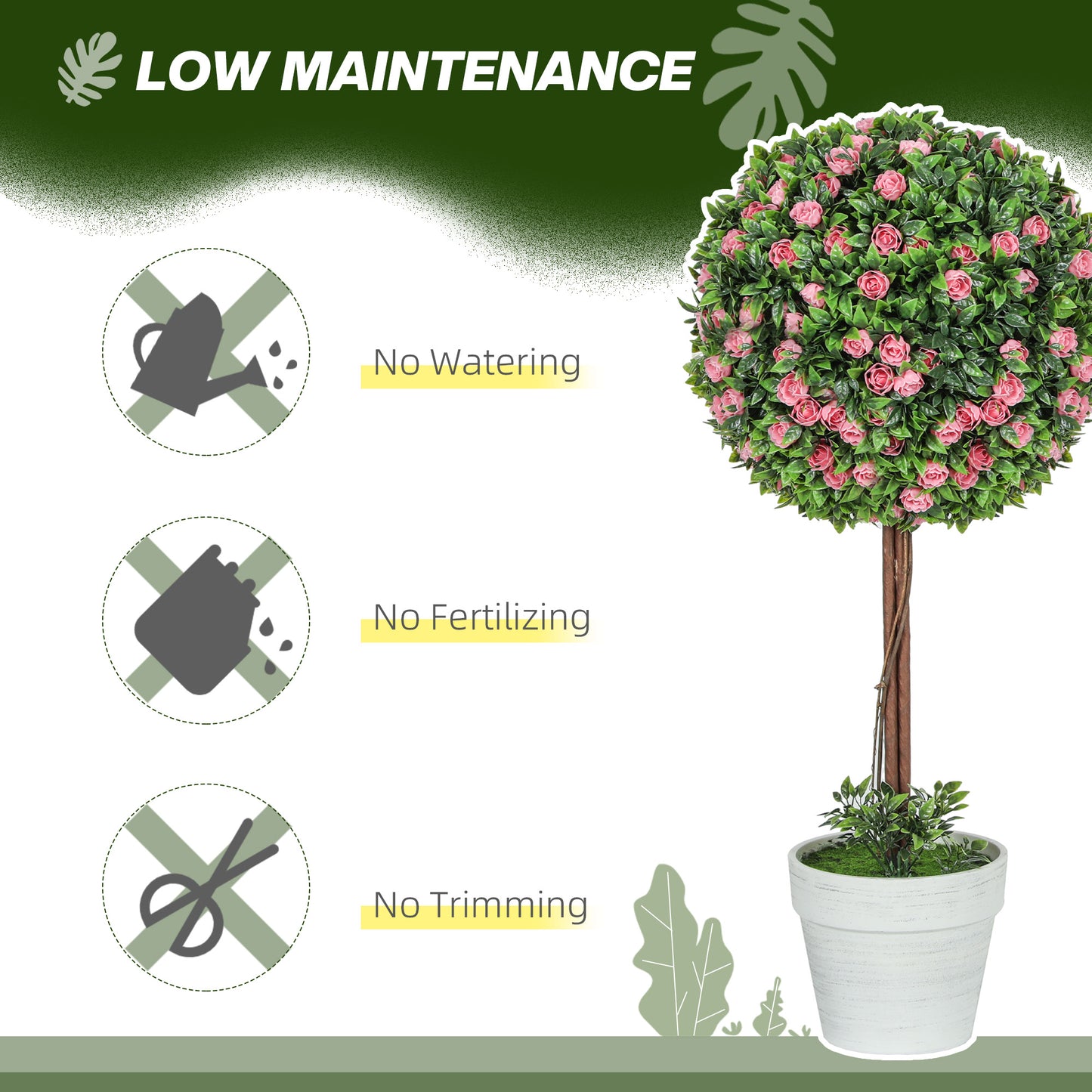 HOMCOM Set of 2 Decorative Artificial Plants Ball Topiary Tree with Rose Flowers in Pot Pink 60cm UV Resistant