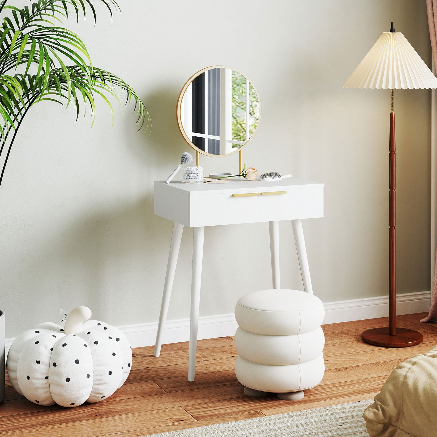 HOMCOM Elegant Dressing Table With Round Mirror White 60 x 40 x 123 cm With Storage Drawers