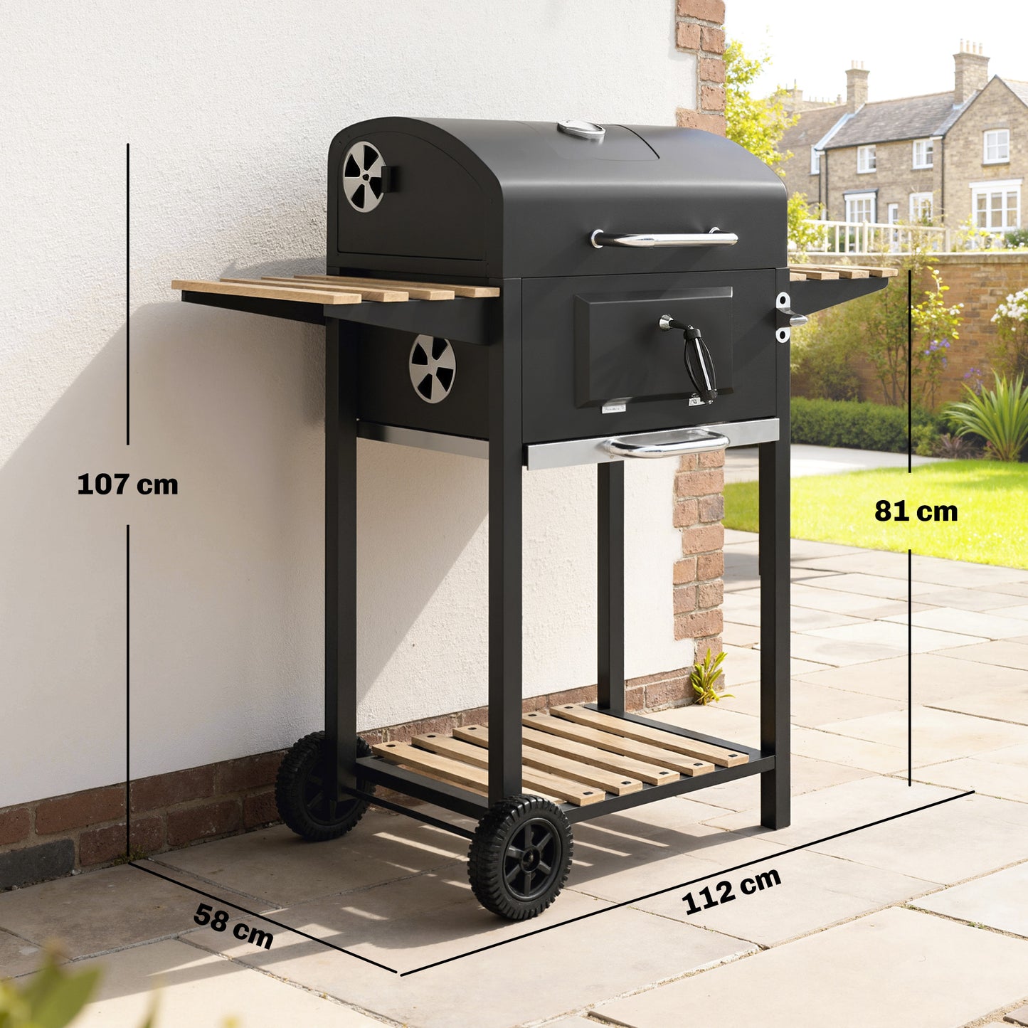 Outsunny Charcoal BBQ Grill With Height Adjustable Charcoal Pan And Warming Rack 3 Shelves Temp Gauge And Wheels