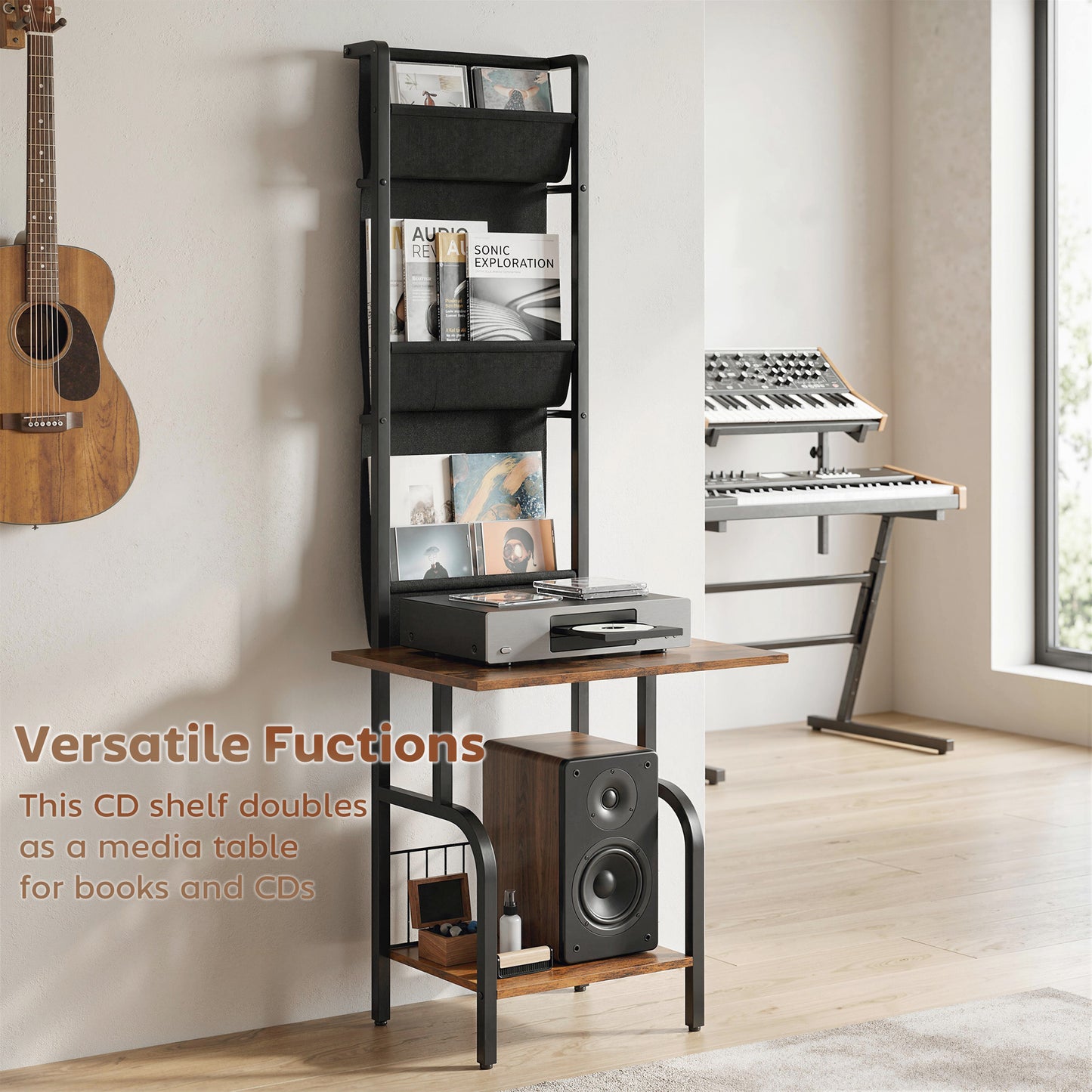 HOMCOM Vertical Vinyl Record Player Stand With Oxford Fabric Pockets Storage And Bottom Shelf Rustic Brown And Black