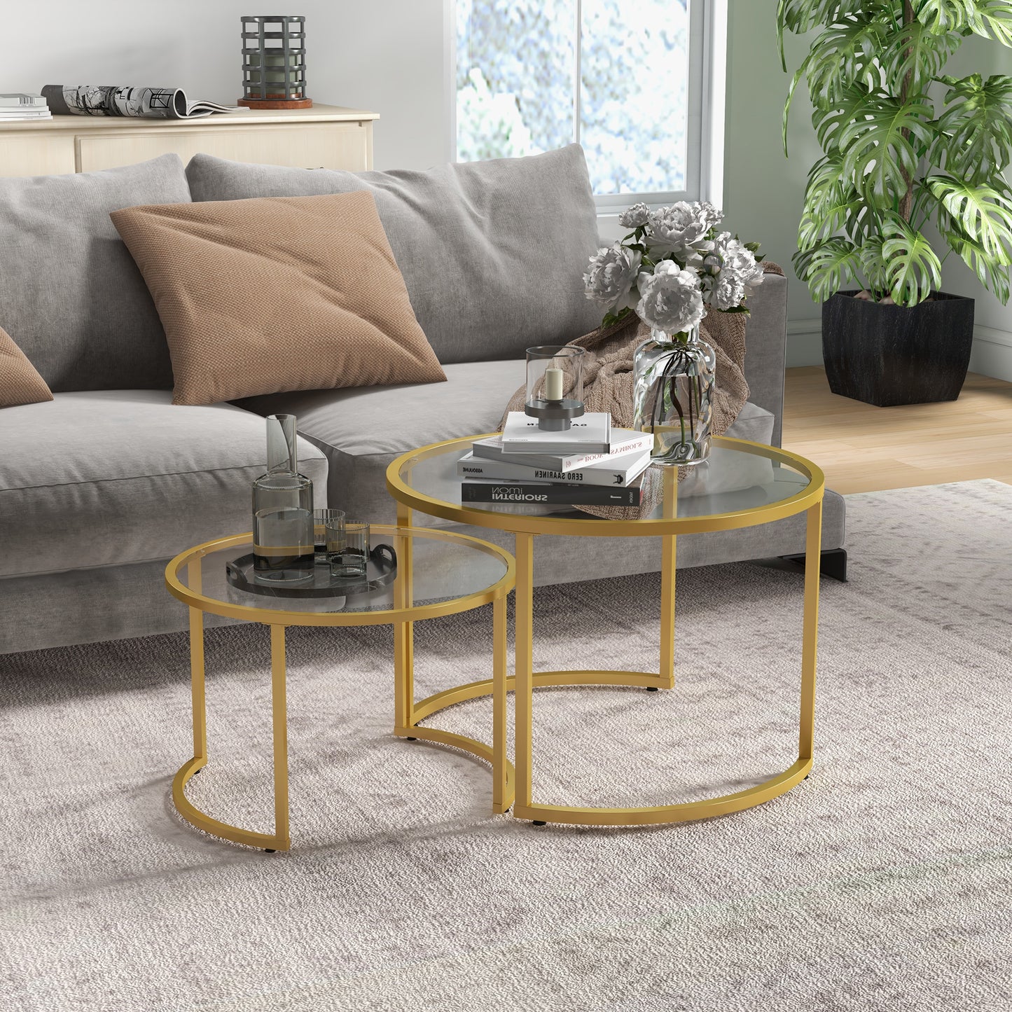 HOMCOM Nest of Tables Coffee Table Set of 2 With Tempered Glass Tops and Gold Tone Steel Frame for Living Room