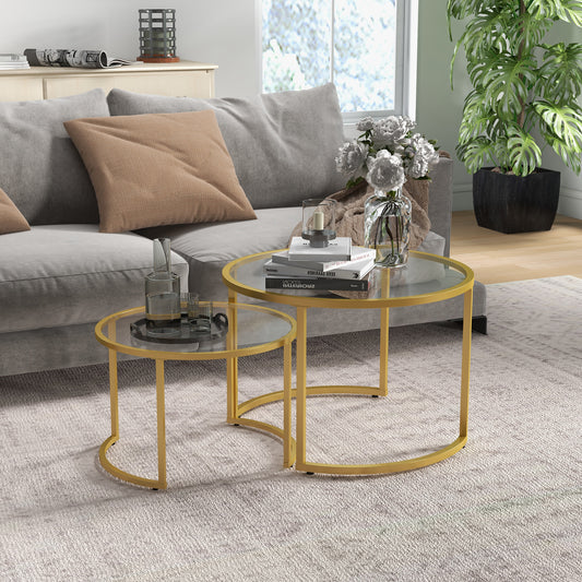 HOMCOM Nest of Tables Coffee Table Set of 2 With Tempered Glass Tops and Gold Tone Steel Frame for Living Room