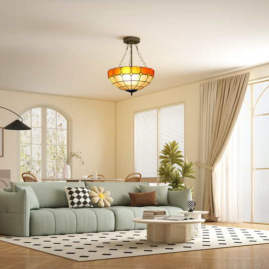 HOMCOM Tiffany Style Ceiling Light Vintage Chandelier With 3 E27 Sockets Semi Flush Mount For Living Room
