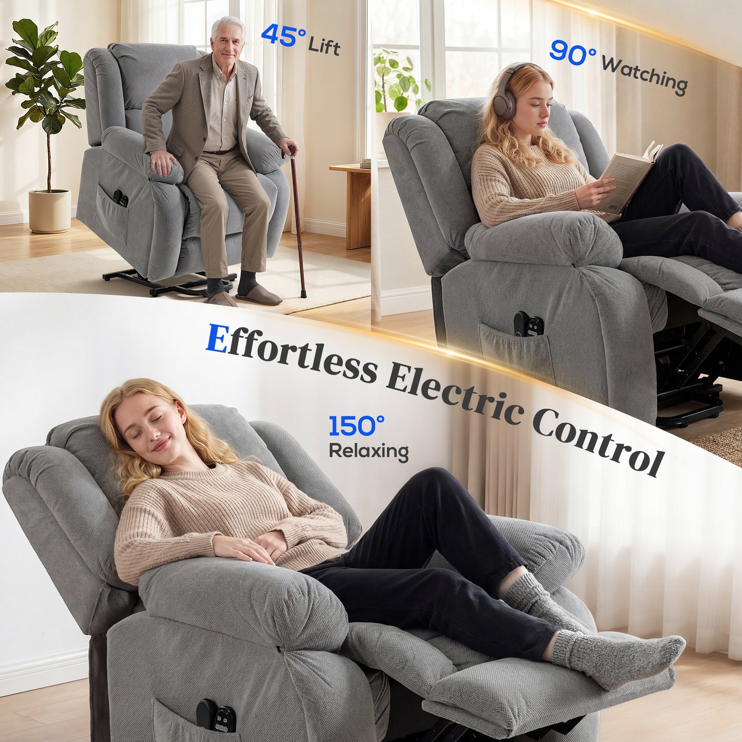 HOMCOM Electric Recliner Lift Chair With Vibration Massage And Heat, Wide Seat, USB Port, Light Grey
