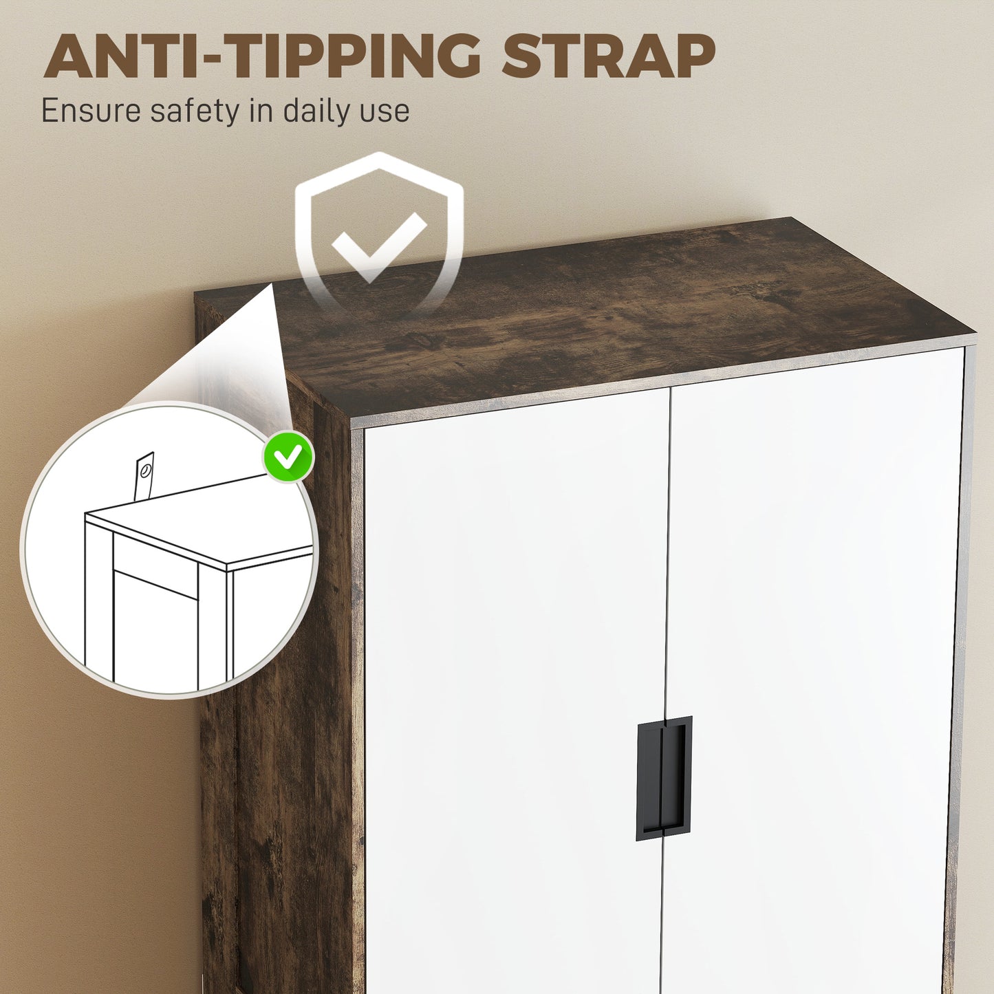 HOMCOM Modern Clothes Storage Cupboard With Hanging Rod 2 Doors 3 Drawers Rustic Brown And White Wardrobe