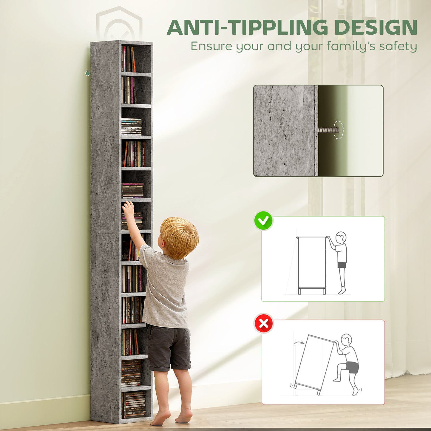 HOMCOM 204 CD Tall Narrow Media Storage Tower Cement Grey With Anti Tipping Design And Space Saving Slim Profile