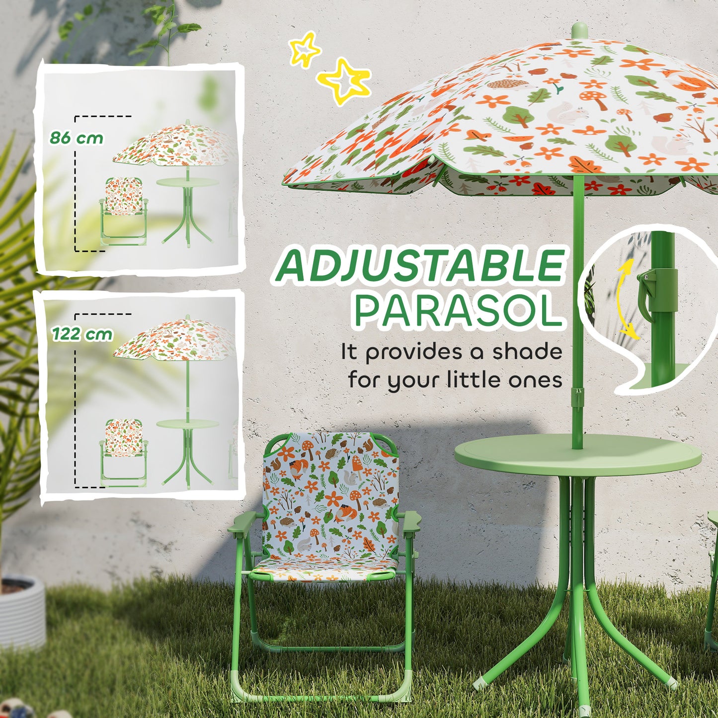 AIYAPLAY 4 Piece Kids Garden Table And Chair Set With Adjustable Parasol Folding Chairs And Table Nature Pattern Green