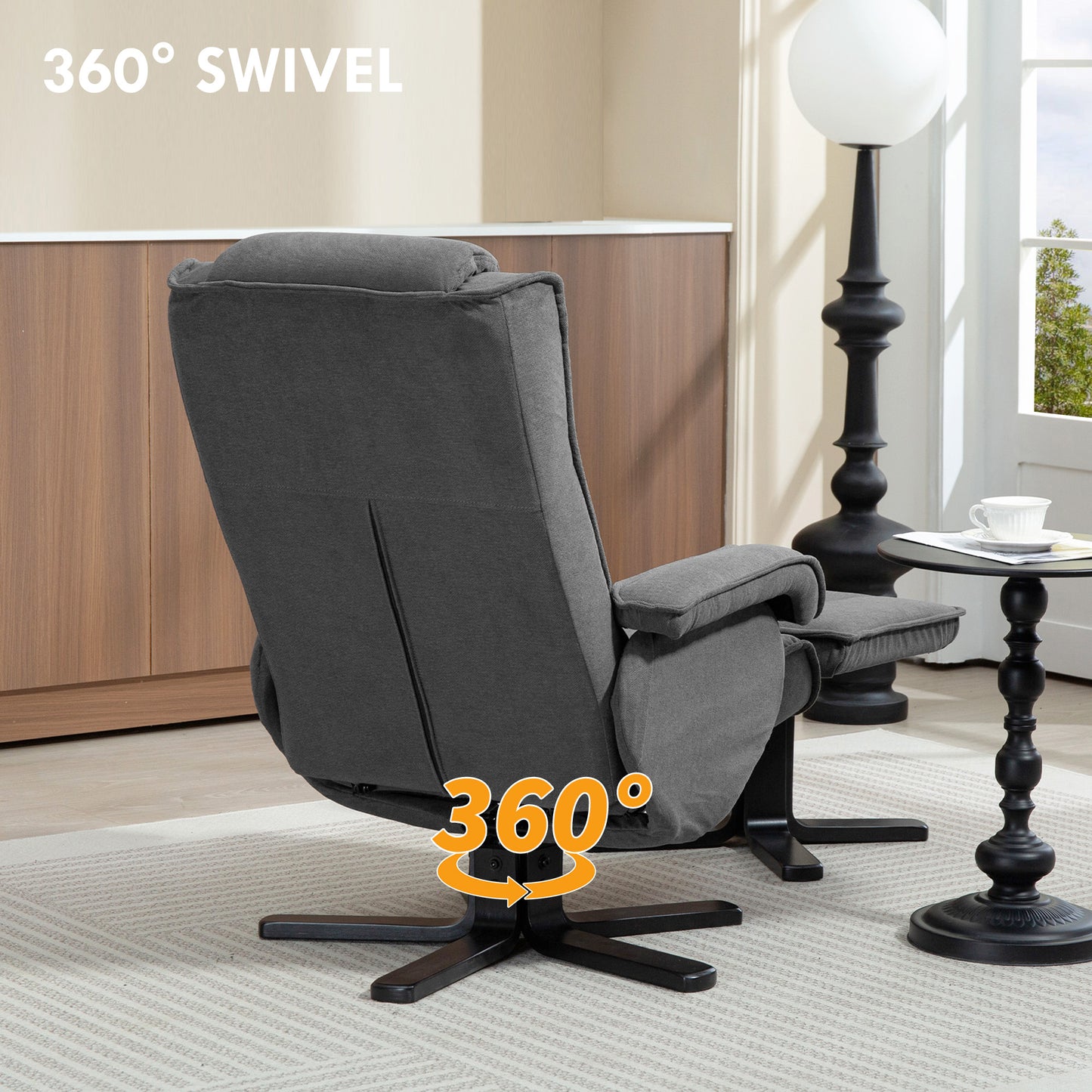 HOMCOM Charcoal Grey Velvet Swivel Recliner Chair With Footstool 135 Degree Recline For Living Room