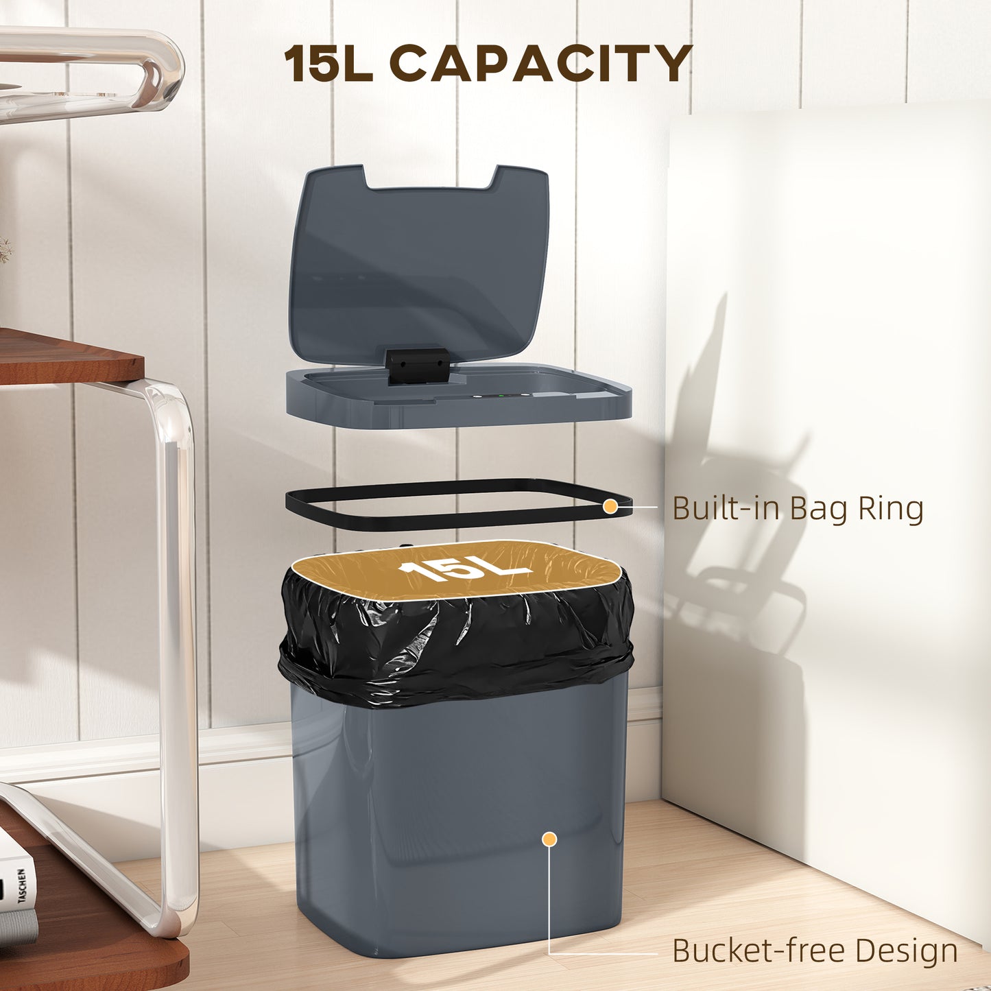 HOMCOM 15L Sensor Bin Automatic Touchless Kitchen Bin Battery Operated for Home Office Bedroom Bathroom Grey