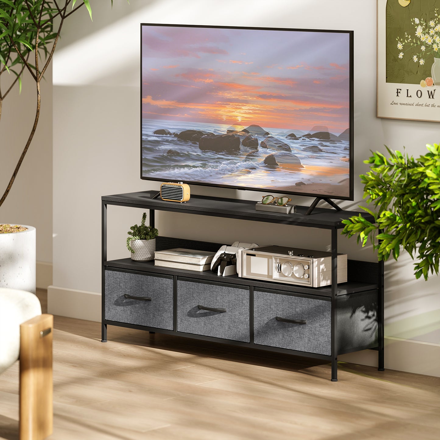 HOMCOM TV Stand Cabinet With Three Foldable Drawers Two Tone Design Black Finish