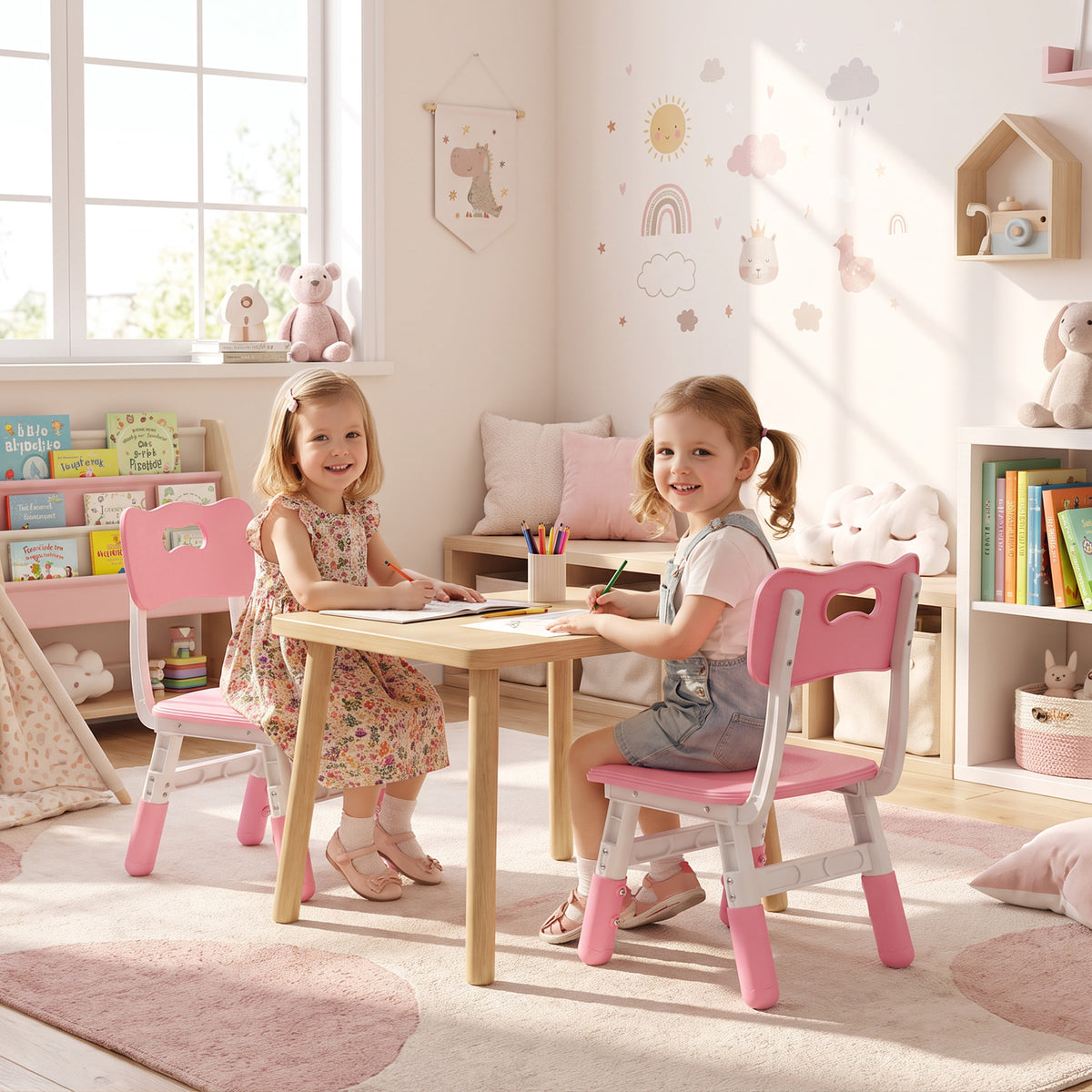 Set of 2 pink kids chairs with backrests and height-adjustable seats, white plastic frame.