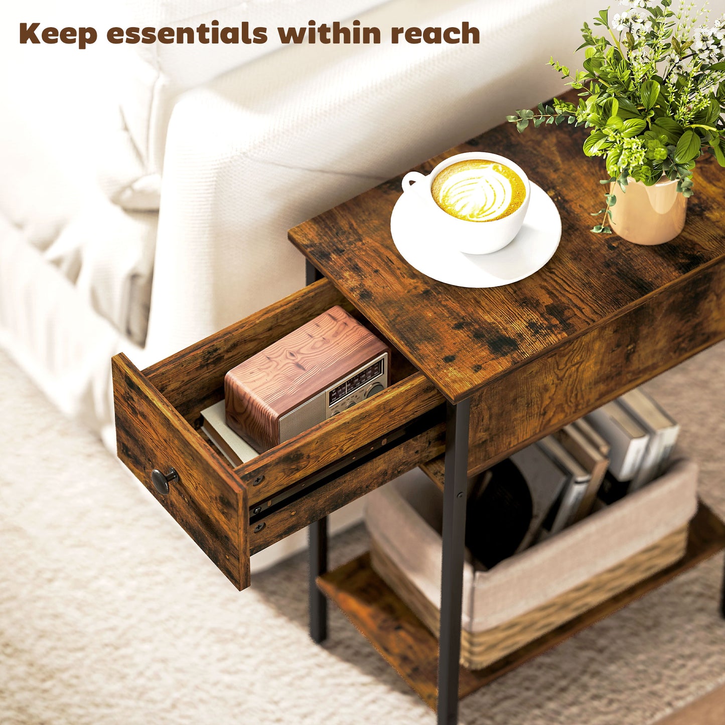 HOMCOM Narrow Side Table With Drawer And Storage Shelf Industrial Rustic Brown And Black Frame