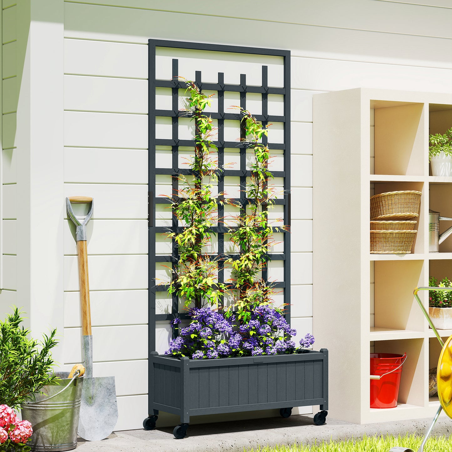 Outsunny Wooden Trellis Planter With Wheels Raised Garden Bed For Climbing Vegetables Herbs And Flowers Grey