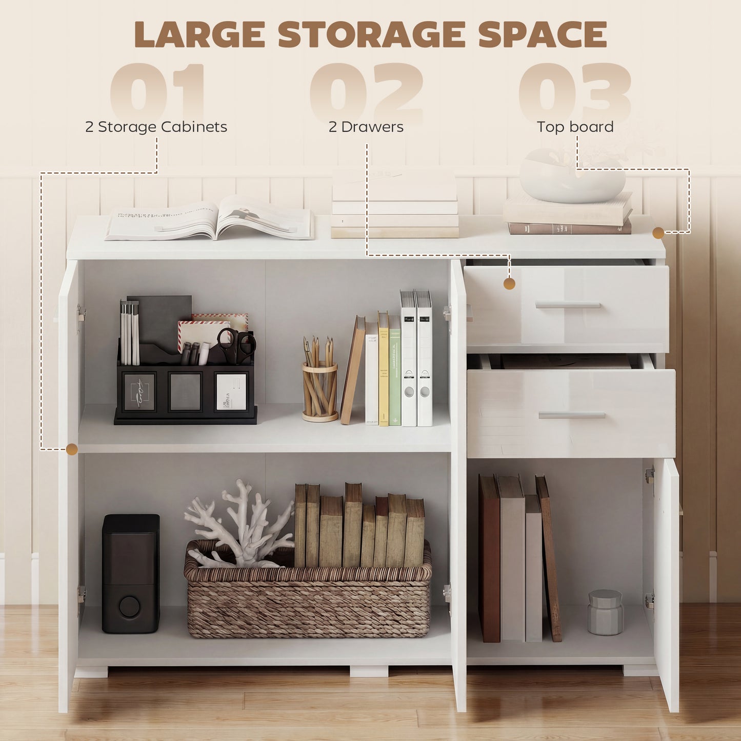 HOMCOM Sideboard Modern Storage Cabinet With Two Drawers Three Doors And Adjustable Shelves High Gloss White