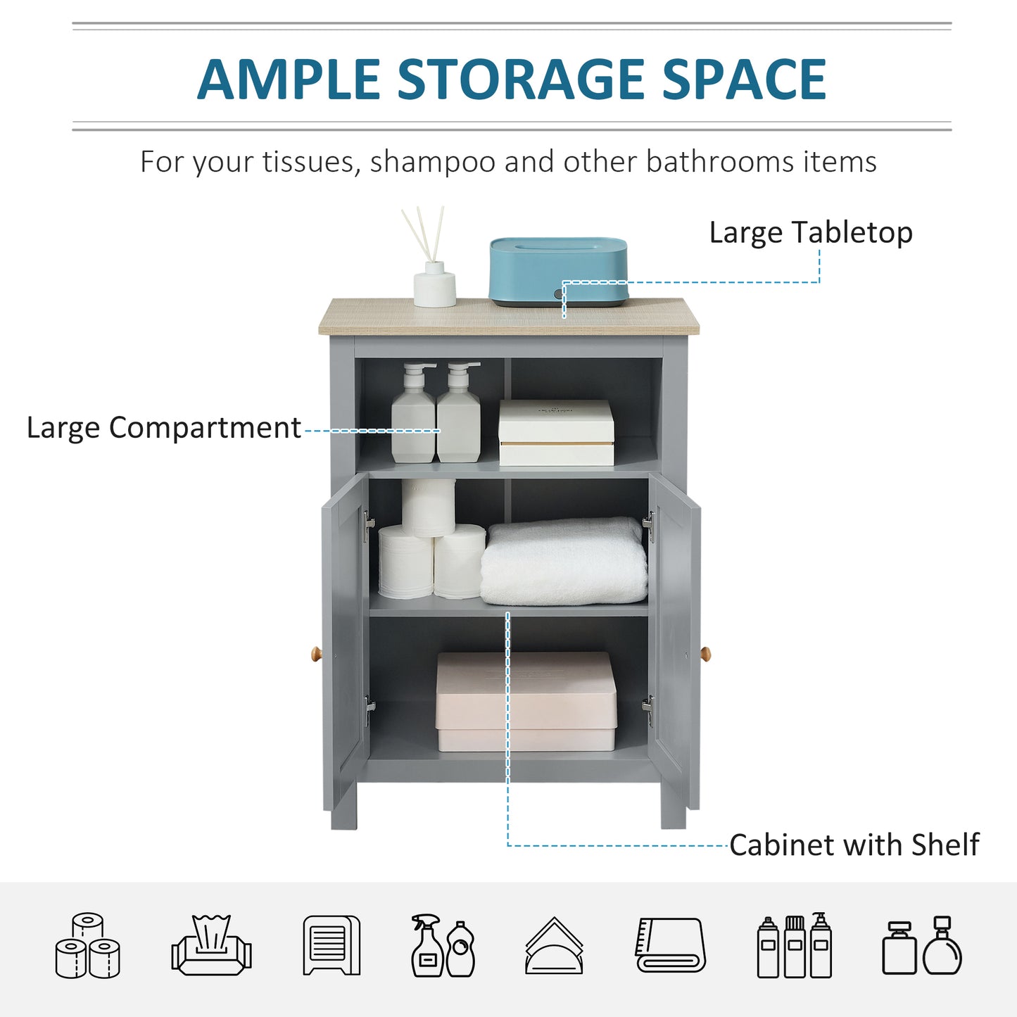 Kleankin Grey Bathroom Floor Cabinet Free Standing Cupboard With Double Doors And Adjustable Shelf