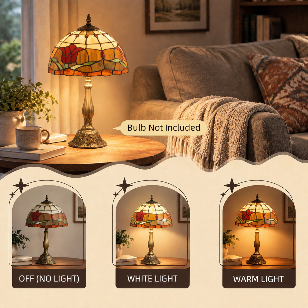 Tiffany stained glass table lamp with multicolor shade; bulb not included