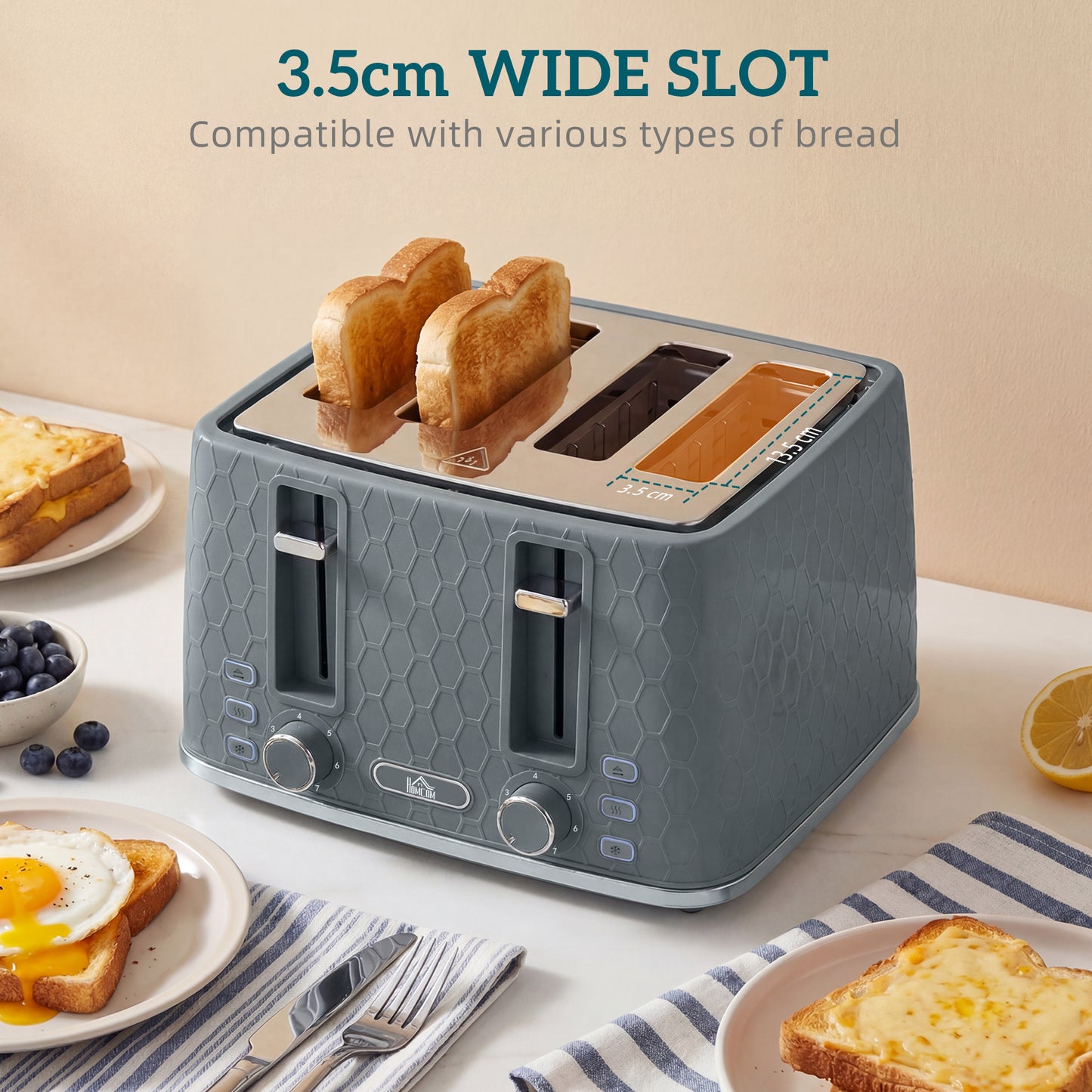 HOMCOM Kettle and Toaster Set 1.7L 3000W Fast Boil with Strix Thermostat 4 Slice Toaster 7 Browning Levels Grey