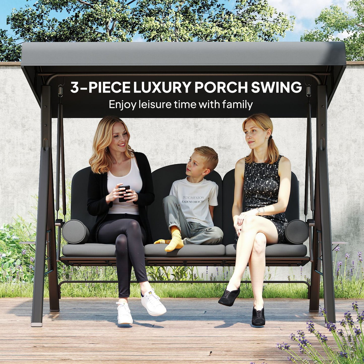 Outsunny Three Seater Garden Swing Chair With Adjustable Canopy Cushions Cup Trays Brown Steel Frame Dark Grey Fabric