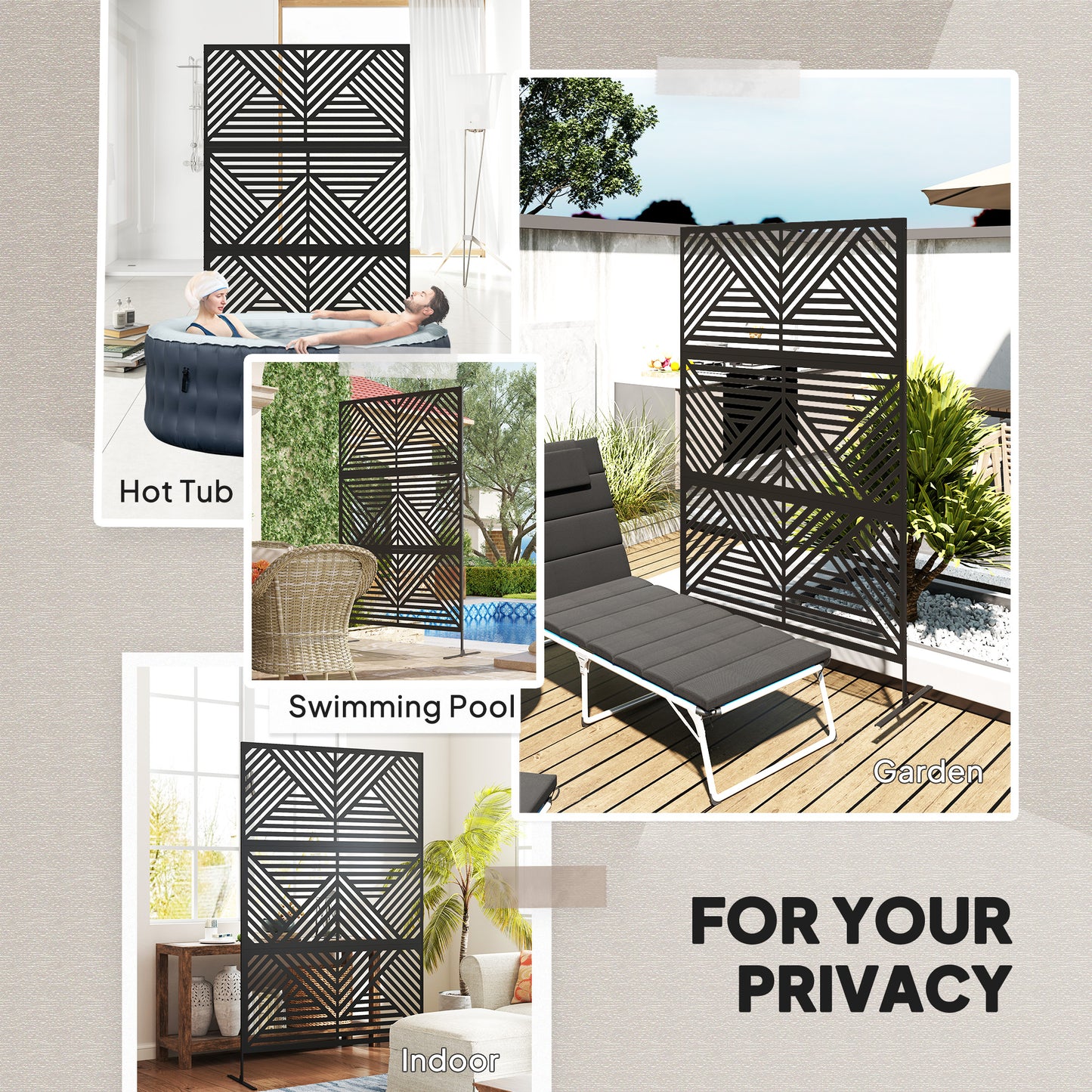 Outsunny 6.5ft Freestanding Metal Outdoor Privacy Screen With Stand Rhombus Style Black Garden Divider
