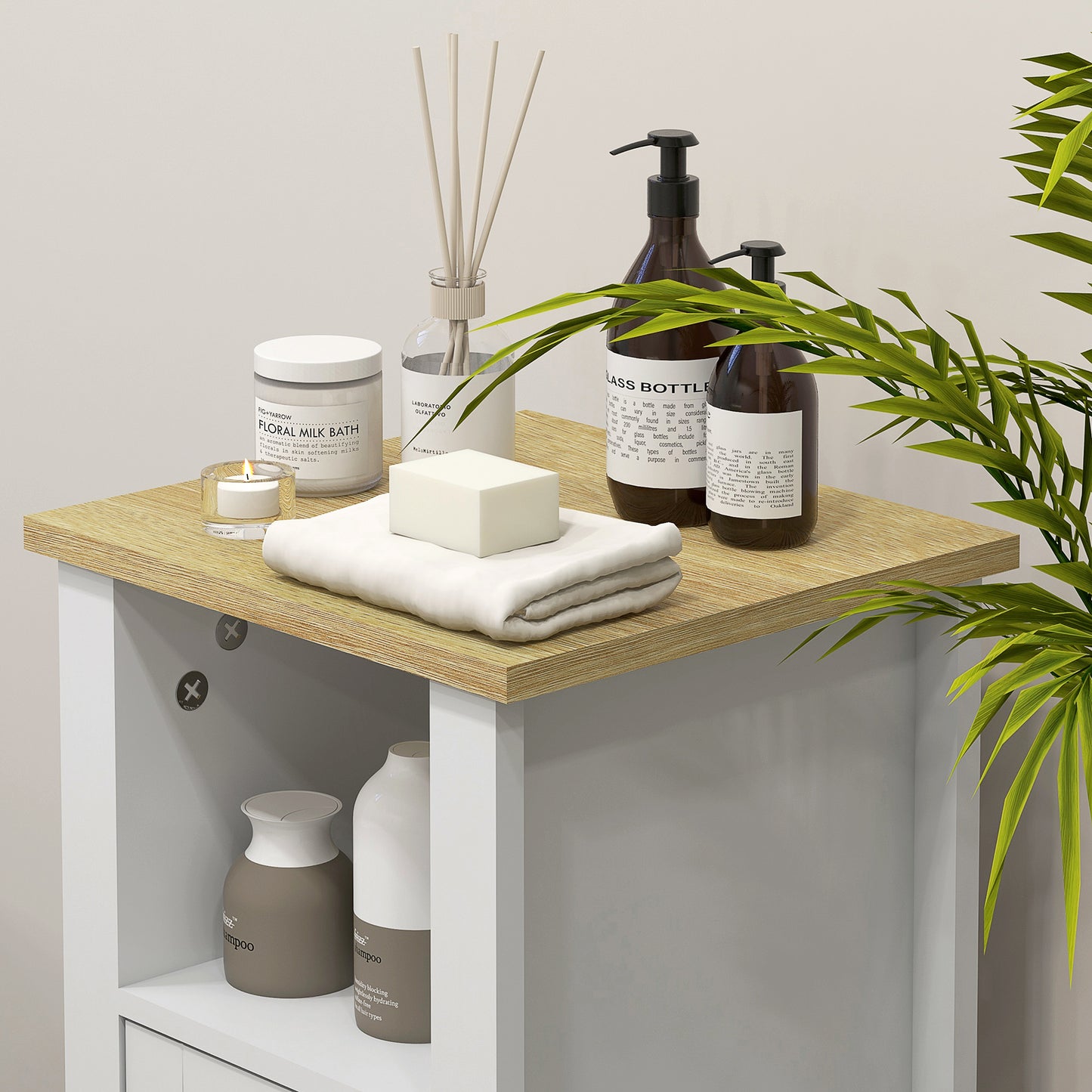Kleankin Slim White Bathroom Storage Cabinet With Two Tier Cupboard And Faux Leather Handle For Towels