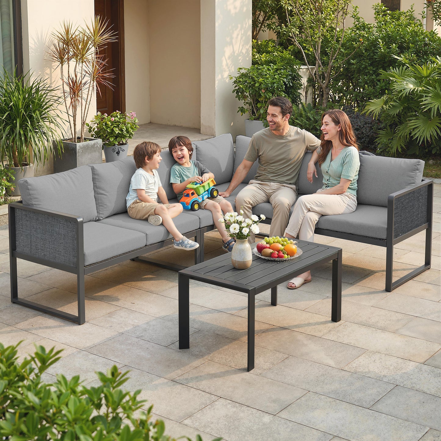 Outsunny 6 Seater Metal Garden Furniture Corner Sofa Set With 3 Loveseats Faux Wood Table Texteline Seat Cushions