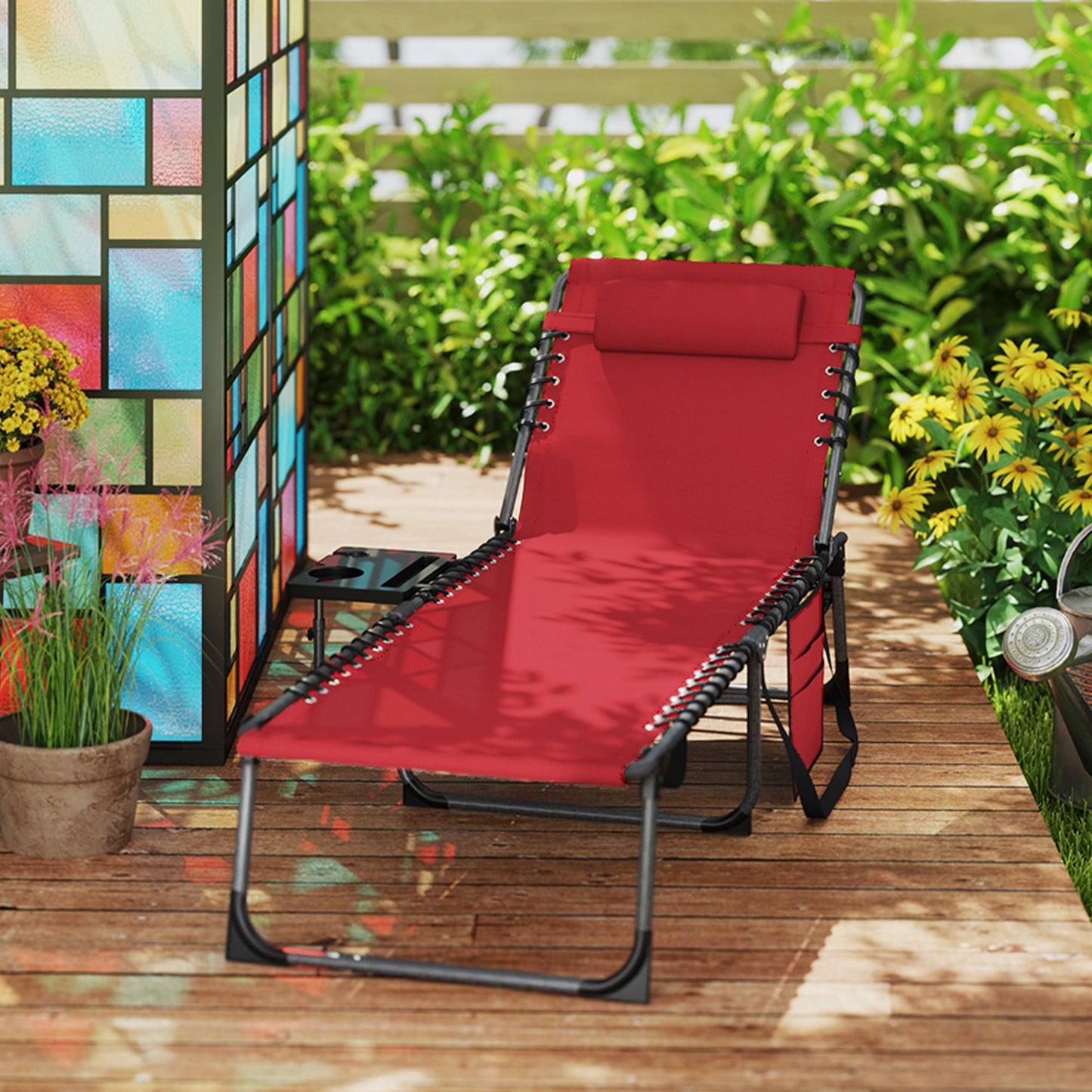 Outsunny Five Position Reclining Sun Lounger in Red With Powder Coated Steel Frame and Removable Pillow