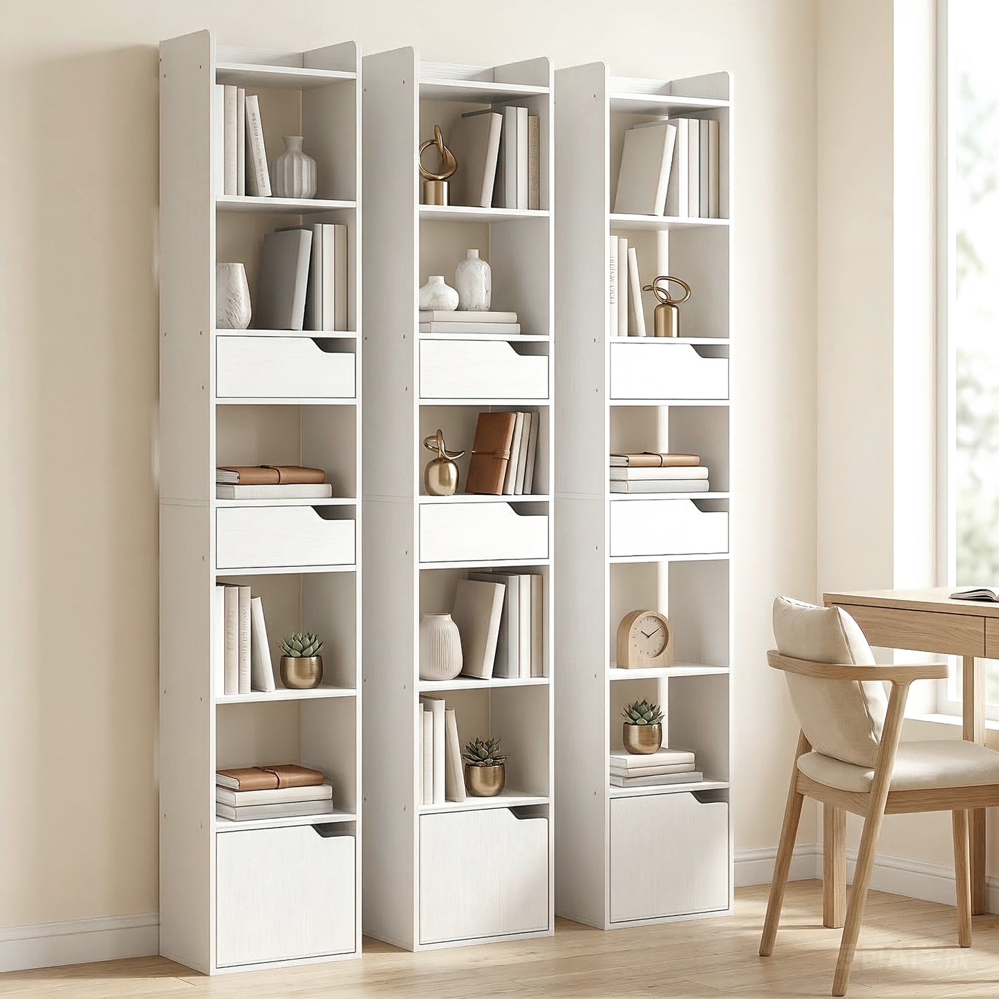 HOMCOM Tall Narrow Bookcase With 5 Tiers And Drawers Freestanding White Wood Effect Living Room Storage Cabinet