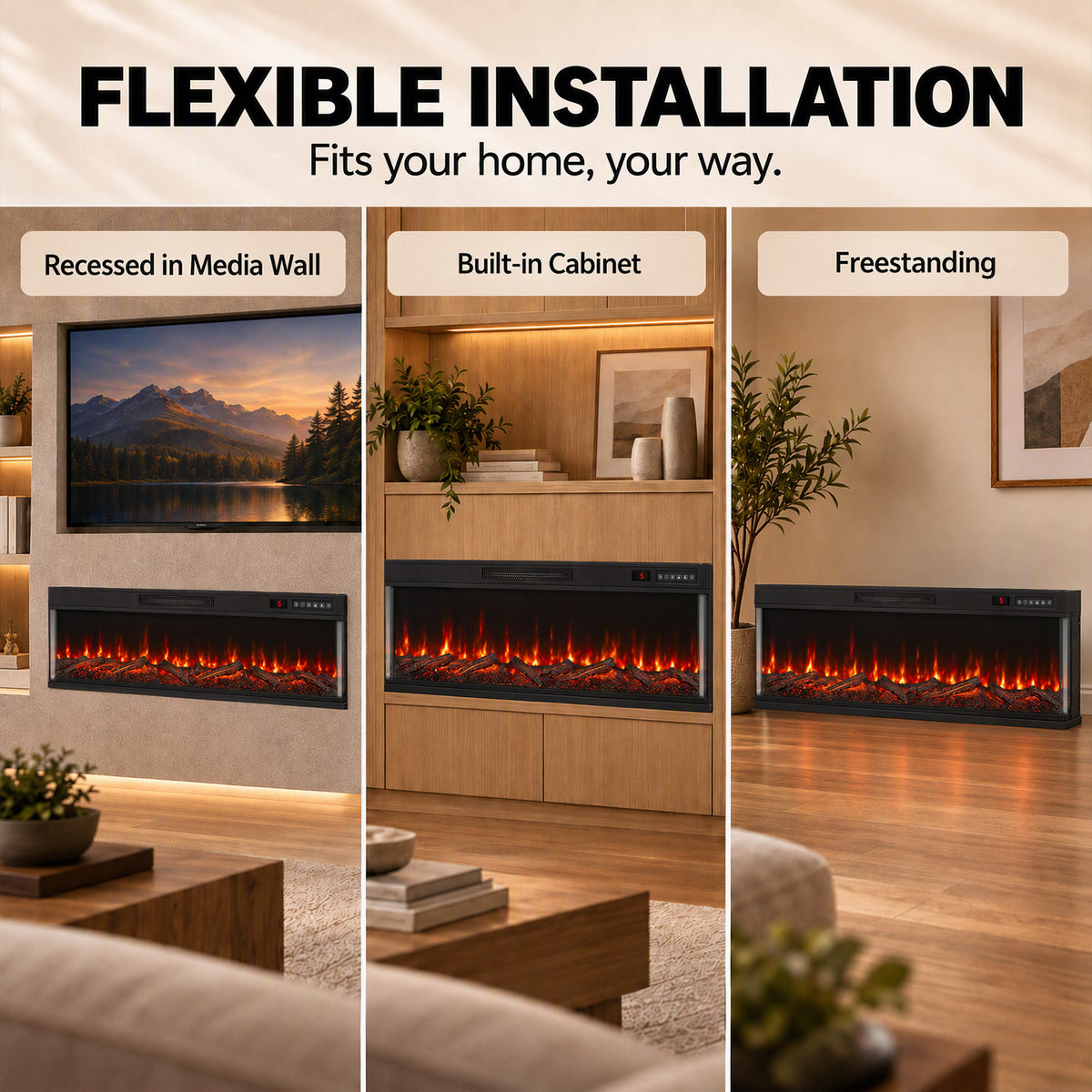 Electric fireplace insert shown in recessed, built-in cabinet, and freestanding setups