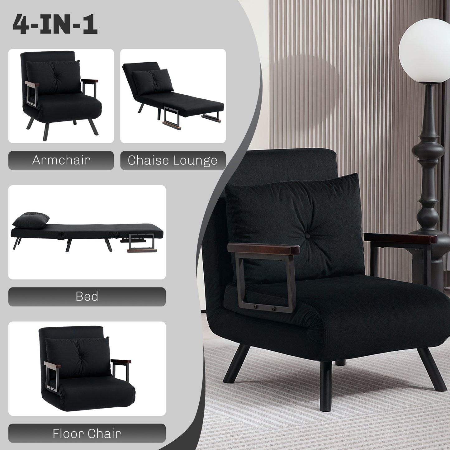 HOMCOM 4 In 1 Velvet Feel Single Chair Bed With Pillow Black Folding Sofa Bed For Living Room