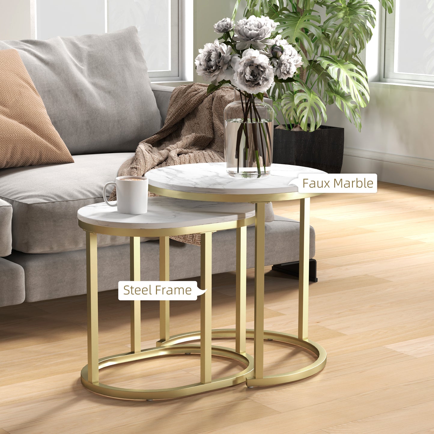 HOMCOM Nest Of Tables With Steel Frame And Faux Marble Tabletops, Modern Coffee Table Set Of 2, Gold Tone And White