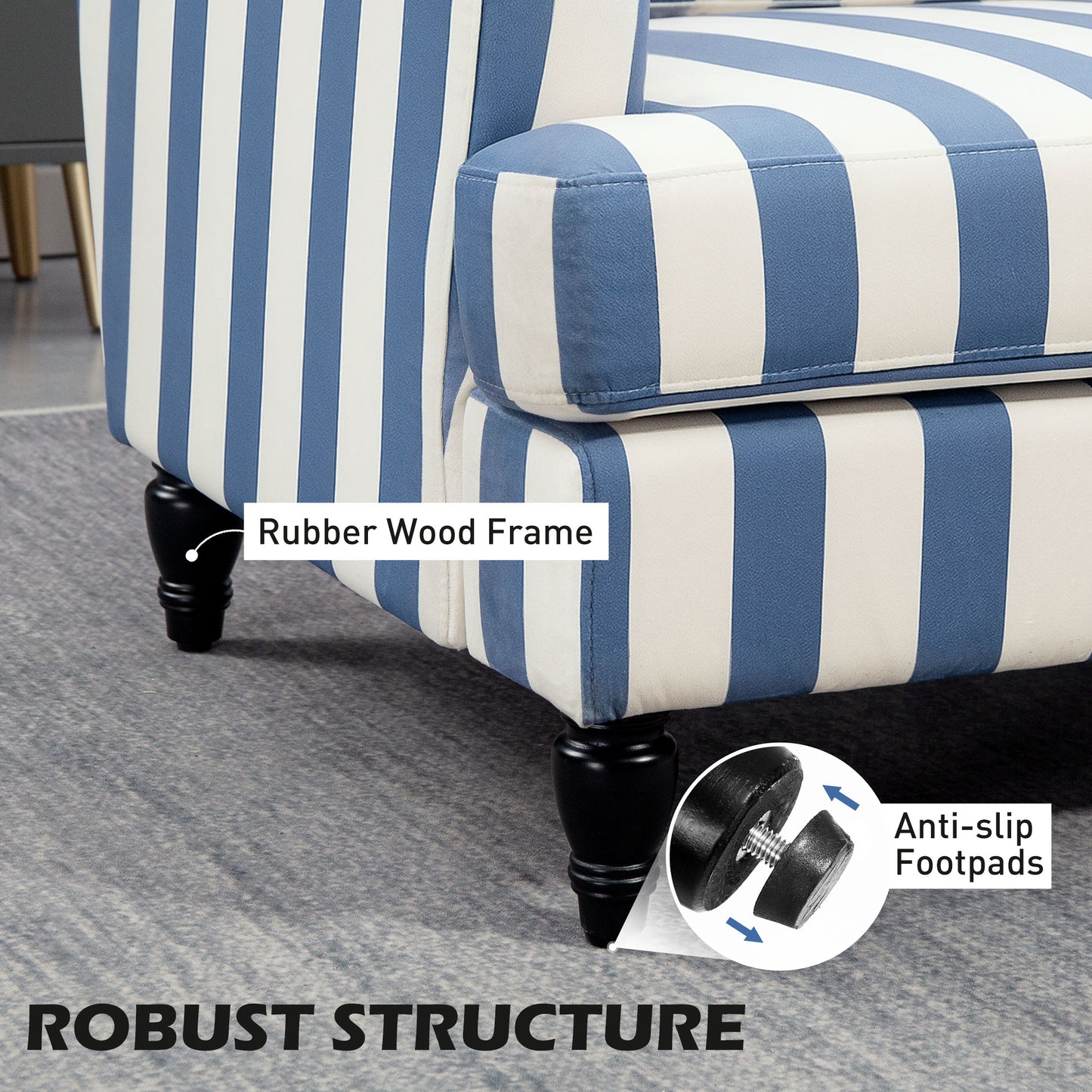 HOMCOM Velvet Cuddle Chair With Stripe Blue And White Modern Armchair Snuggle Sofa For Living Room Bedroom Turned Legs