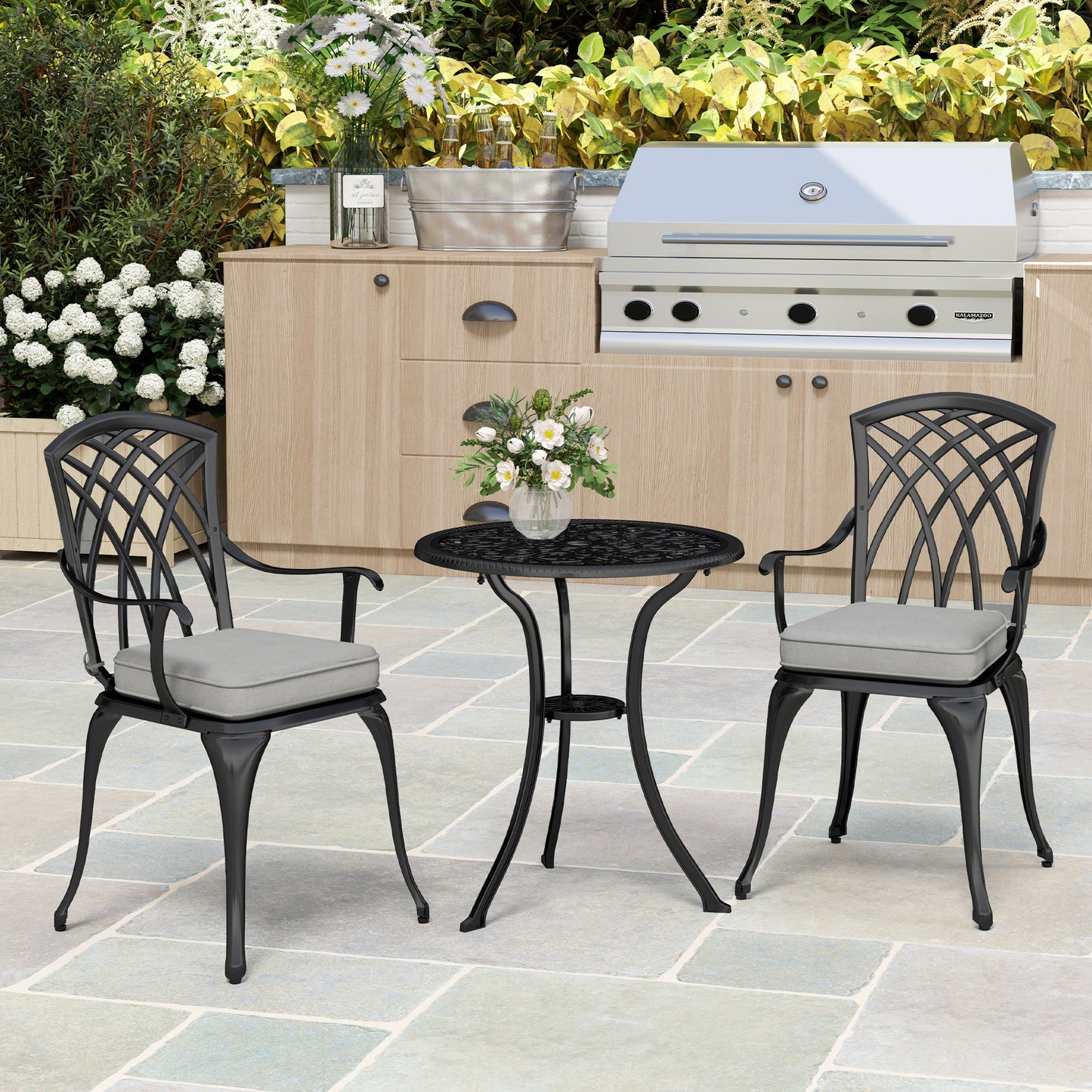Outsunny Three Piece Cast Aluminium Bistro Set With Parasol Hole 45mm And Cushioned Seats Black