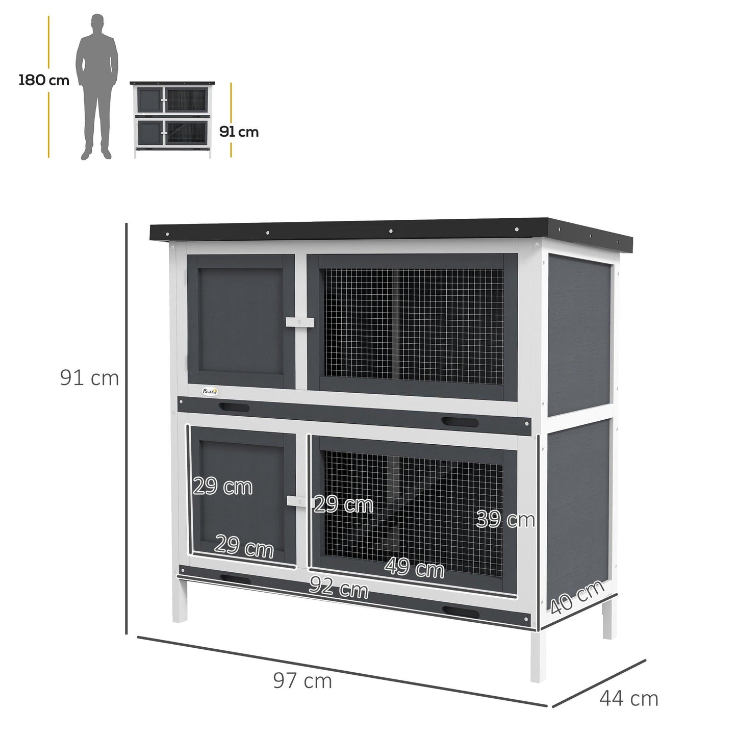 PawHut 2 Tier Rabbit Hutch Guinea Pig Pet Cage Outdoor 100x47x91cm Grey - ALL4U RETAILER LTD