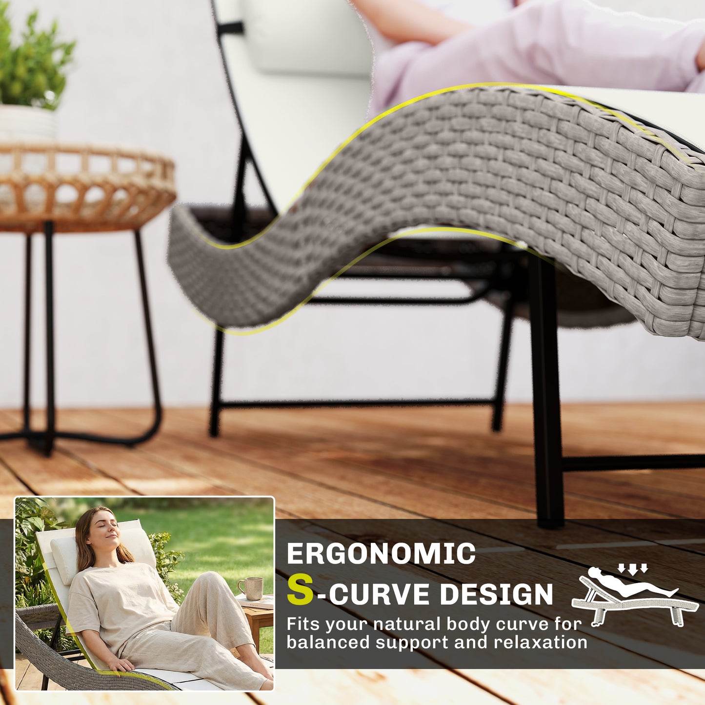 Outsunny Rattan Sun Lounger Garden Recliner with Five Position Adjustable Back S Shaped Texteline Seat Headrest Cream