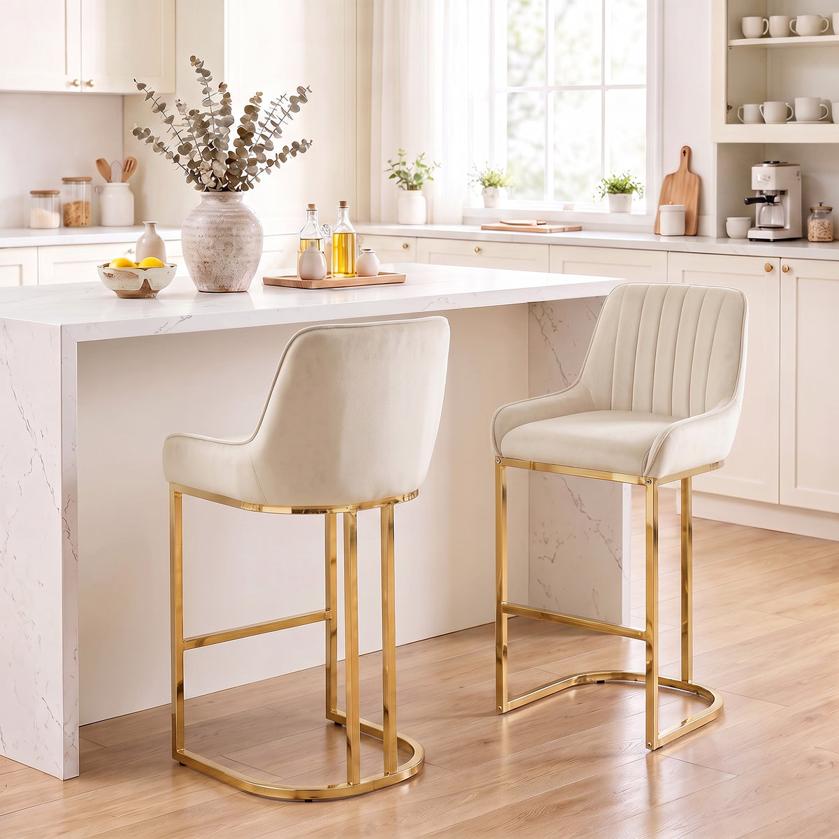 Set of 2 cream white velvet bar stools with backrest and footrest, gold metal base