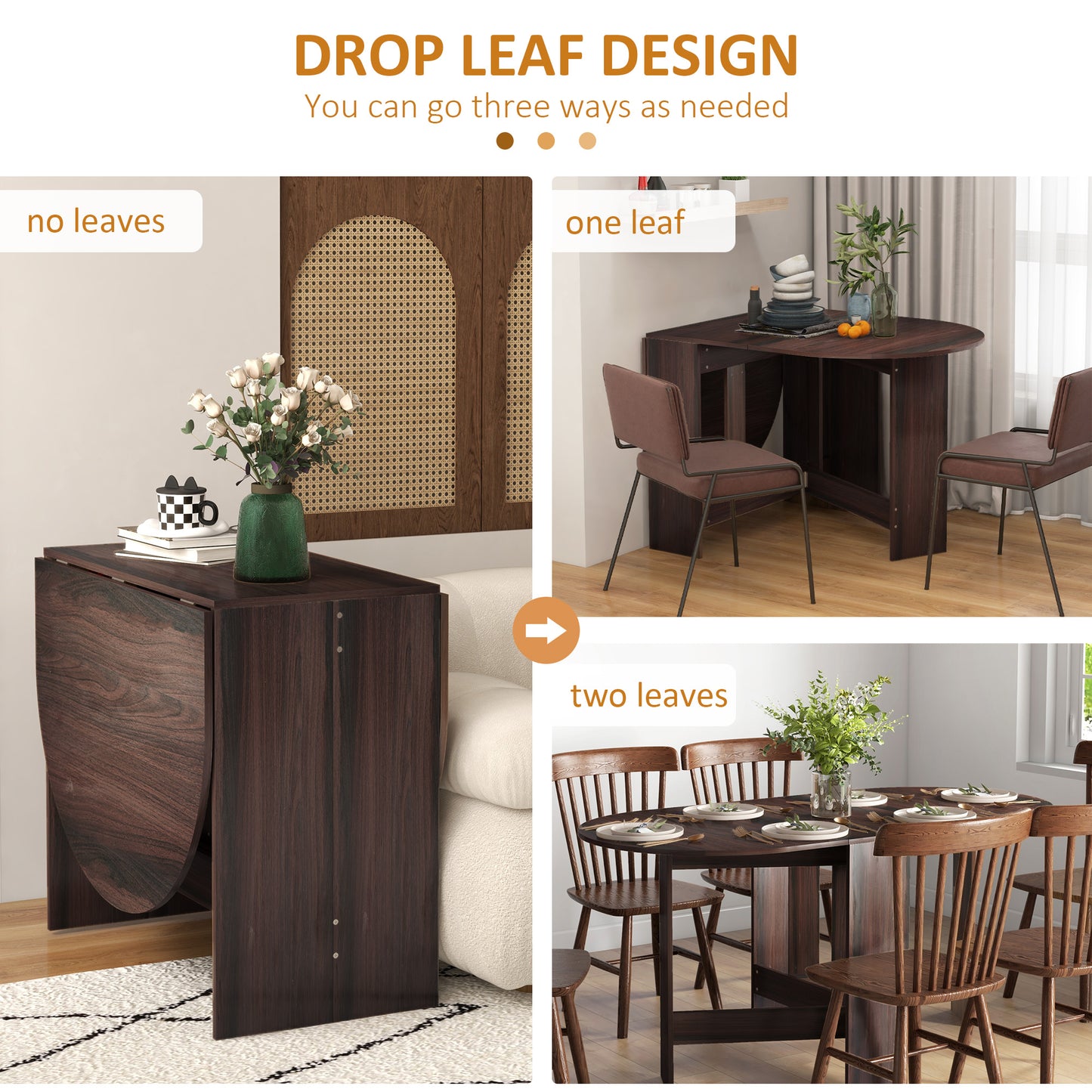 HOMCOM Folding Dining Table For Small Spaces With Drop Leaf Oval Tabletop In Chocolate Wood Effect