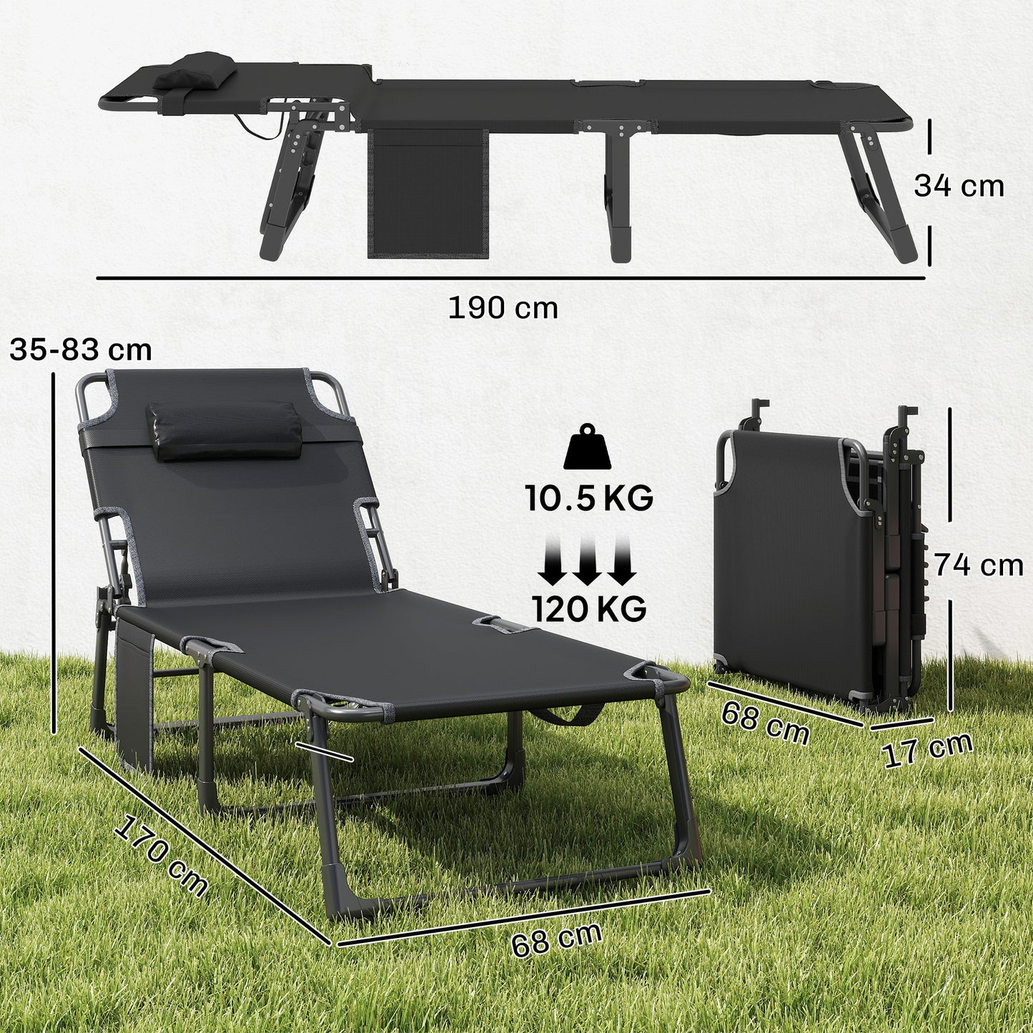Outsunny Folding Sun Lounger For Garden With Cushions Five Position Recliner Blue