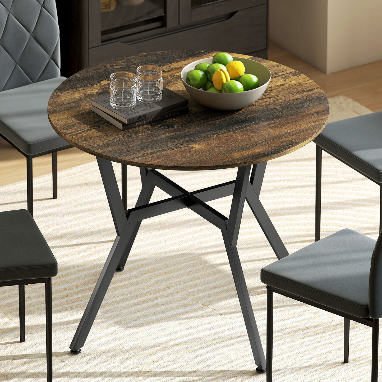 HOMCOM Round Dining Table With Black Legs Rustic Brown 90 By 76 Cm Anti Slip Foot Pads For Living Room And Dining Room